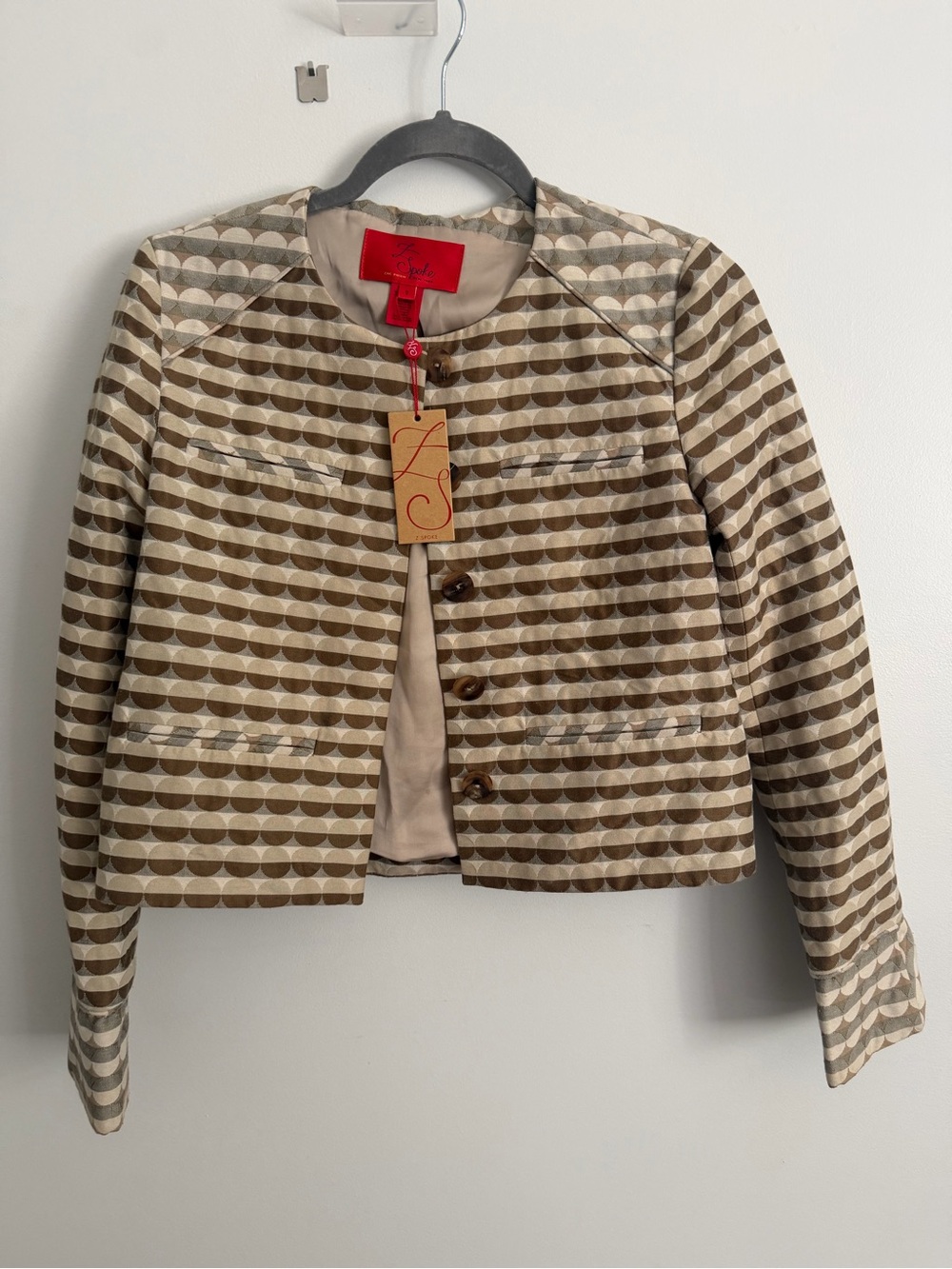 Zac Posen Beige & Brown Geometric Crop Jacket